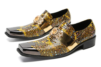 Mens Genunie Leather Slip On Yellow Gemstone Metal-Square Toe Western Loafers