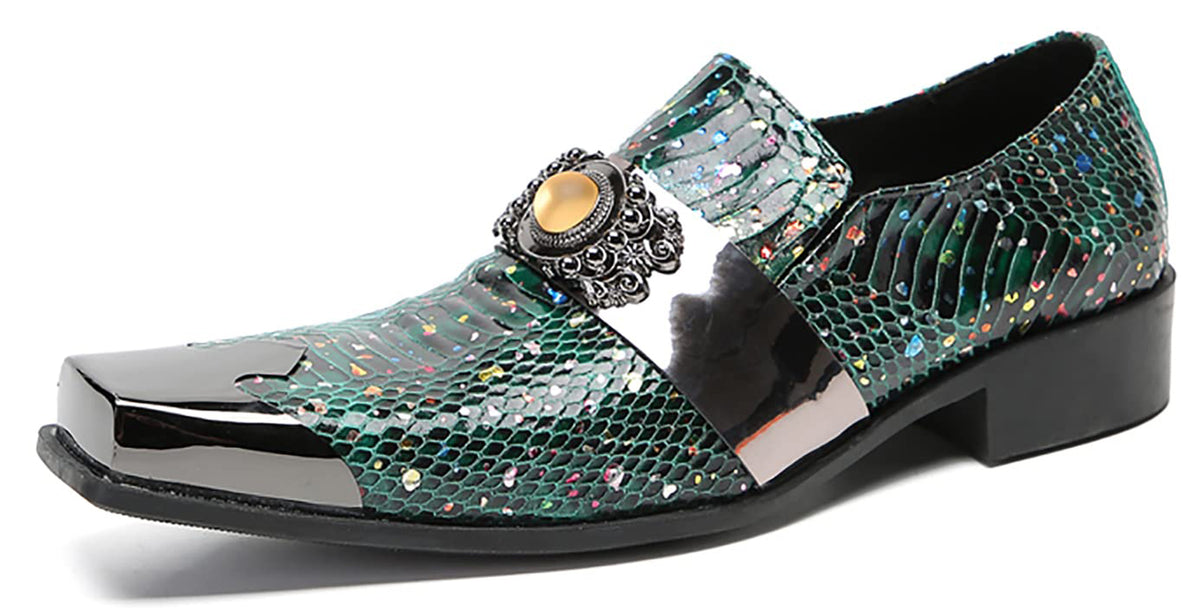 Mens Genunie Leather Slip On Yellow Gemstone Metal-Square Toe Western Loafers