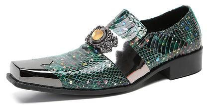 Mens Genunie Leather Slip On Yellow Gemstone Metal-Square Toe Western Loafers