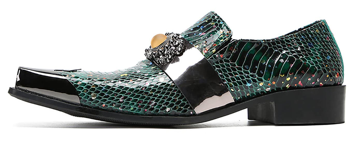 Mens Genunie Leather Slip On Yellow Gemstone Metal-Square Toe Western Loafers