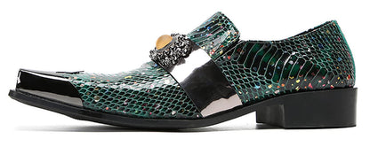 Mens Genunie Leather Slip On Yellow Gemstone Metal-Square Toe Western Loafers