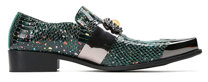 Mens Genunie Leather Slip On Yellow Gemstone Metal-Square Toe Western Loafers