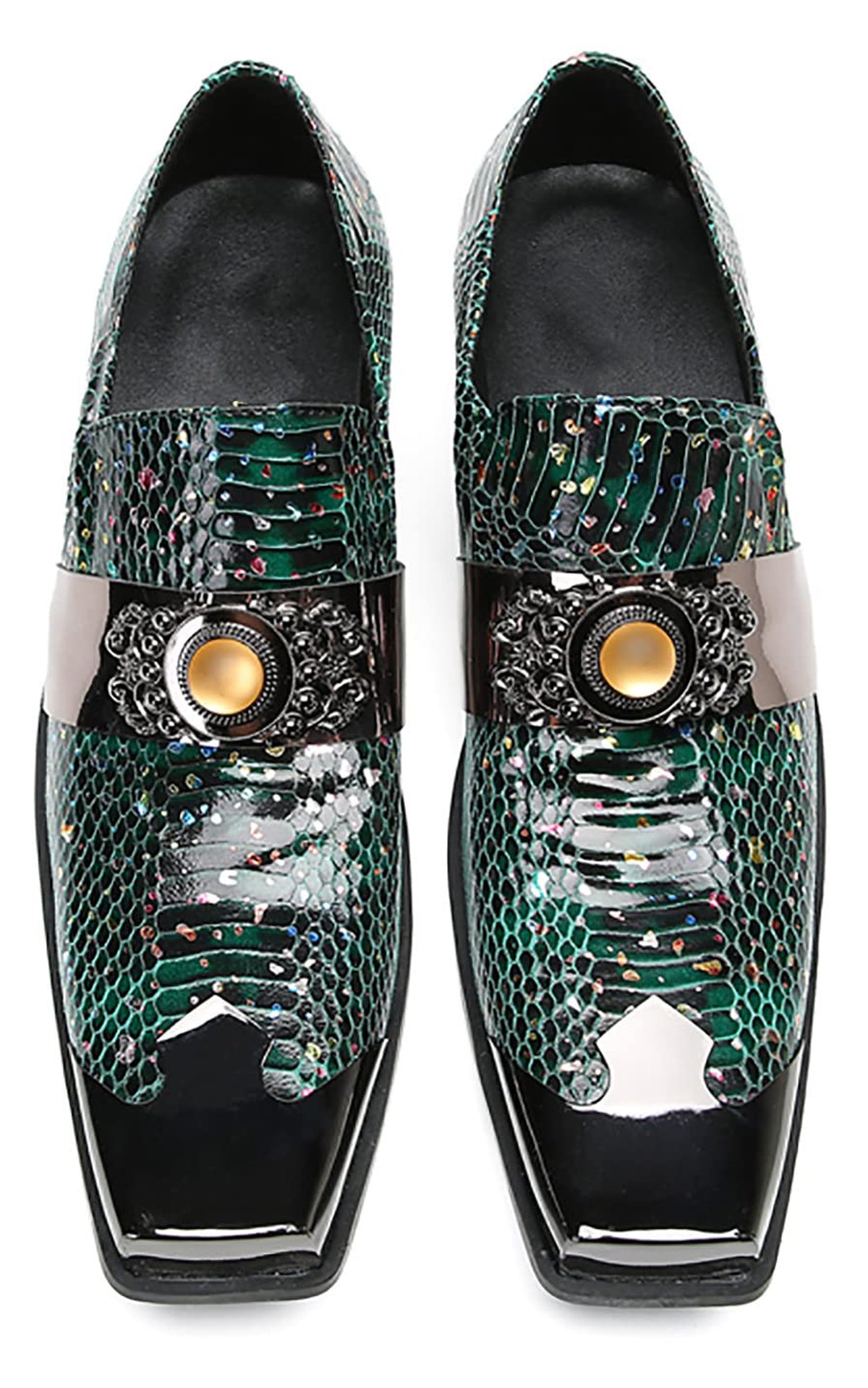 Mens Genunie Leather Slip On Yellow Gemstone Metal-Square Toe Western Loafers