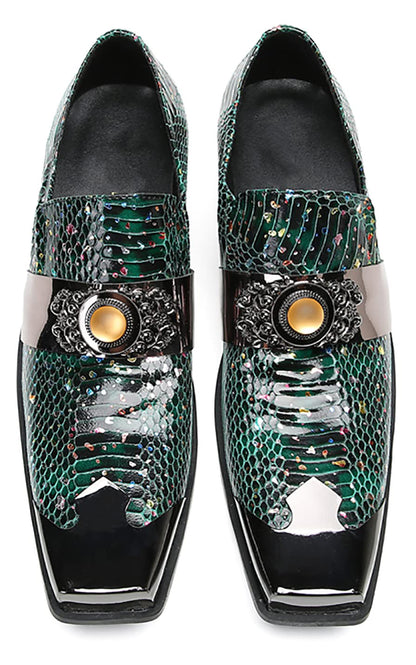Mens Genunie Leather Slip On Yellow Gemstone Metal-Square Toe Western Loafers