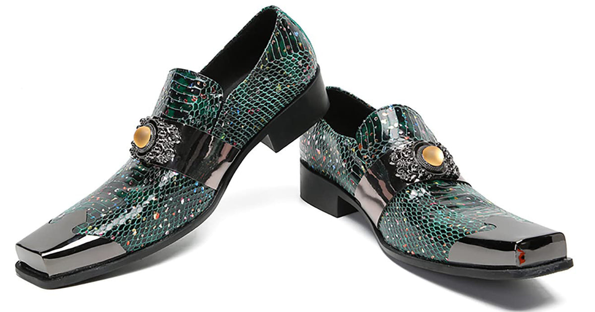 Mens Genunie Leather Slip On Yellow Gemstone Metal-Square Toe Western Loafers