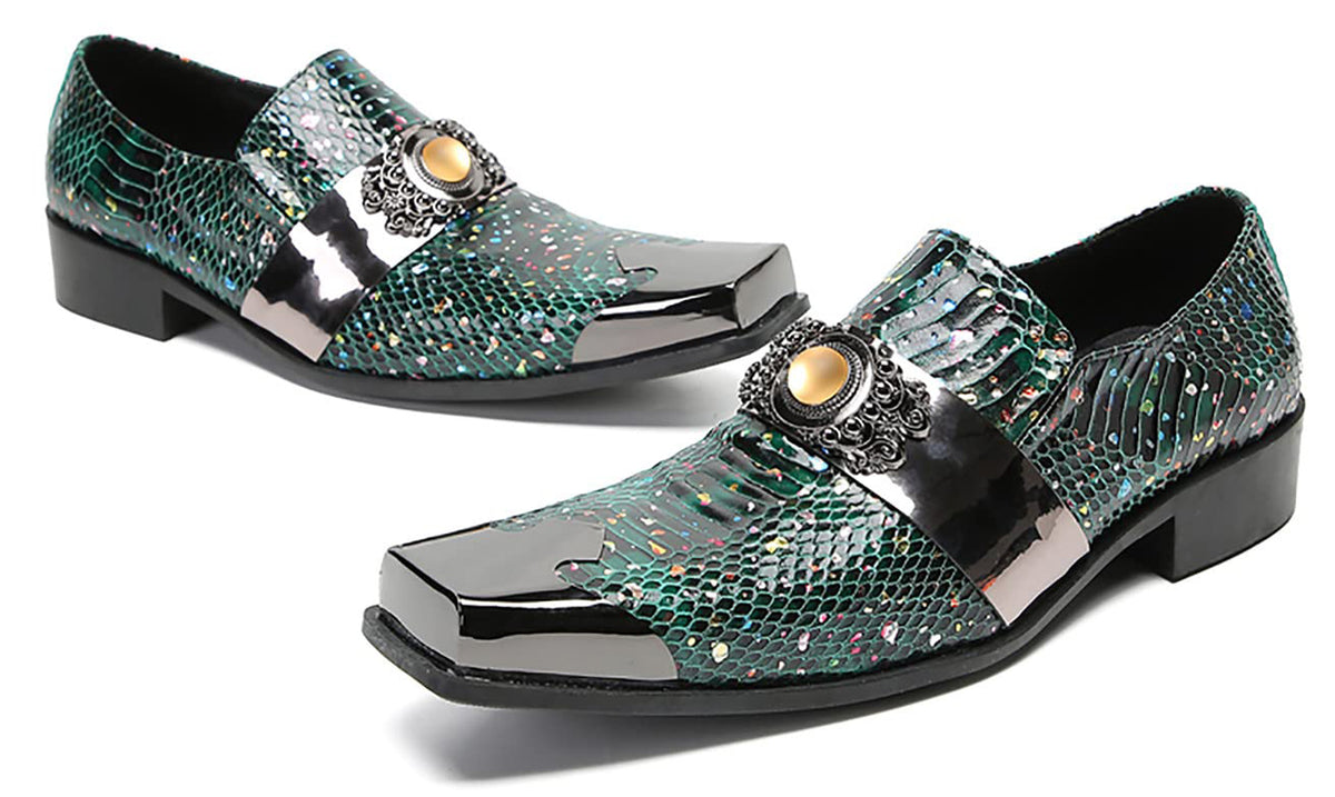 Mens Genunie Leather Slip On Yellow Gemstone Metal-Square Toe Western Loafers
