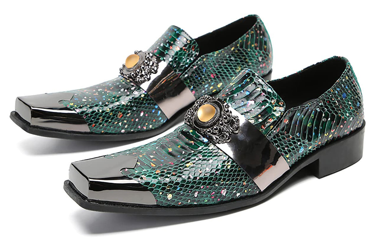 Mens Genunie Leather Slip On Yellow Gemstone Metal-Square Toe Western Loafers