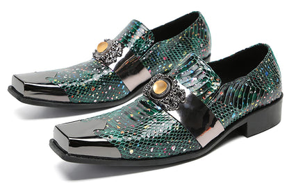 Mens Genunie Leather Slip On Yellow Gemstone Metal-Square Toe Western Loafers