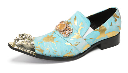 Mens Genuine Leather Metal-Tip Toe Gold Gemstone Western Loafers