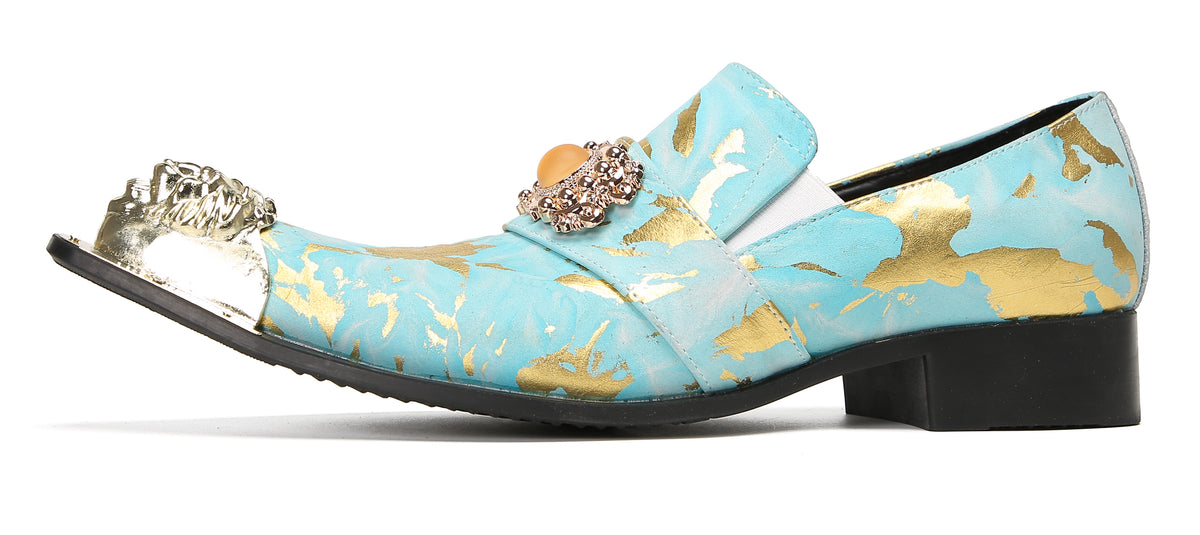 Mens Genuine Leather Metal-Tip Toe Gold Gemstone Western Loafers