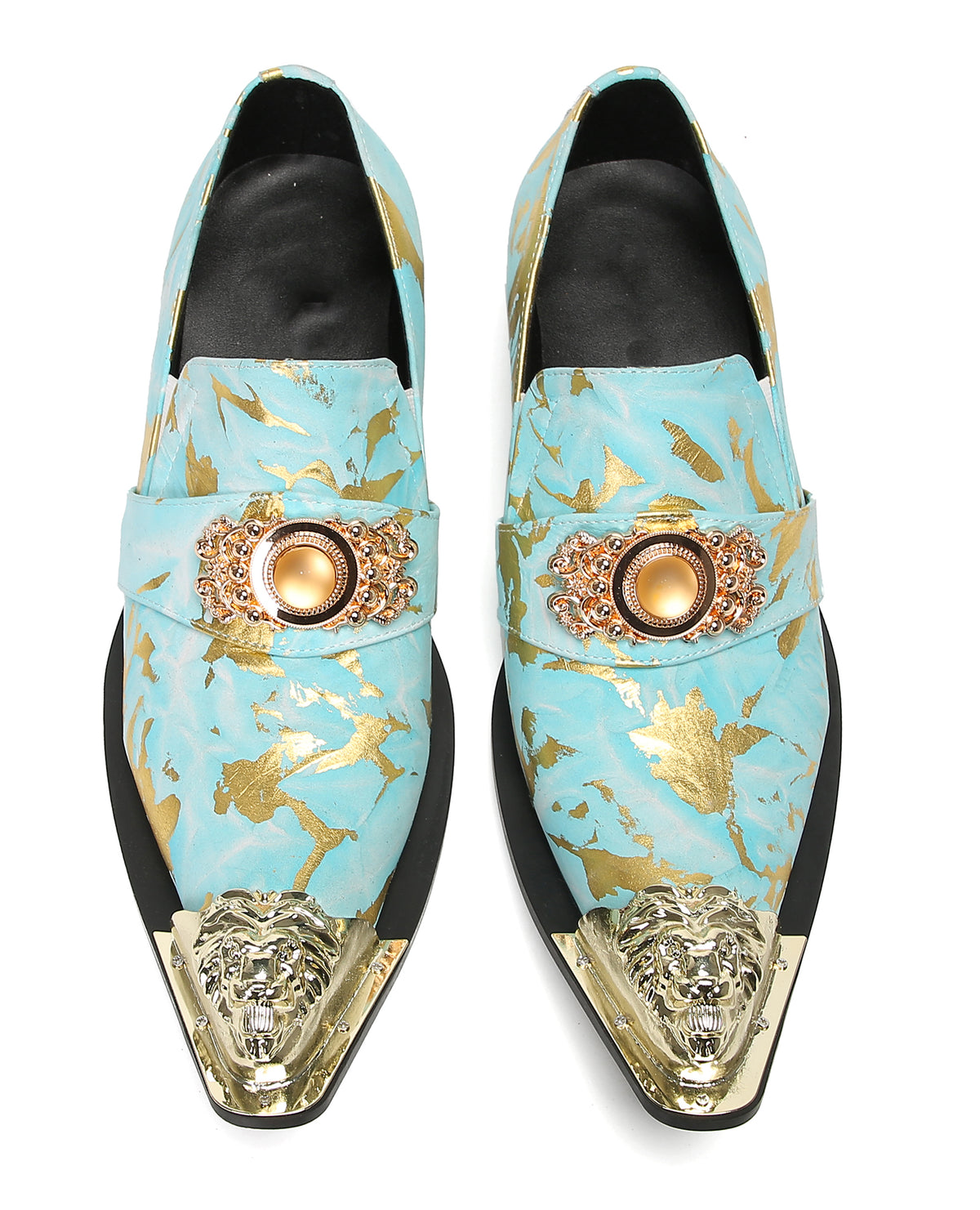 Mens Genuine Leather Metal-Tip Toe Gold Gemstone Western Loafers