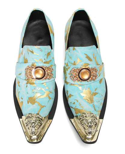 Mens Genuine Leather Metal-Tip Toe Gold Gemstone Western Loafers