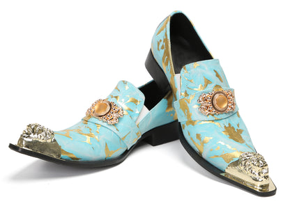 Mens Genuine Leather Metal-Tip Toe Gold Gemstone Western Loafers