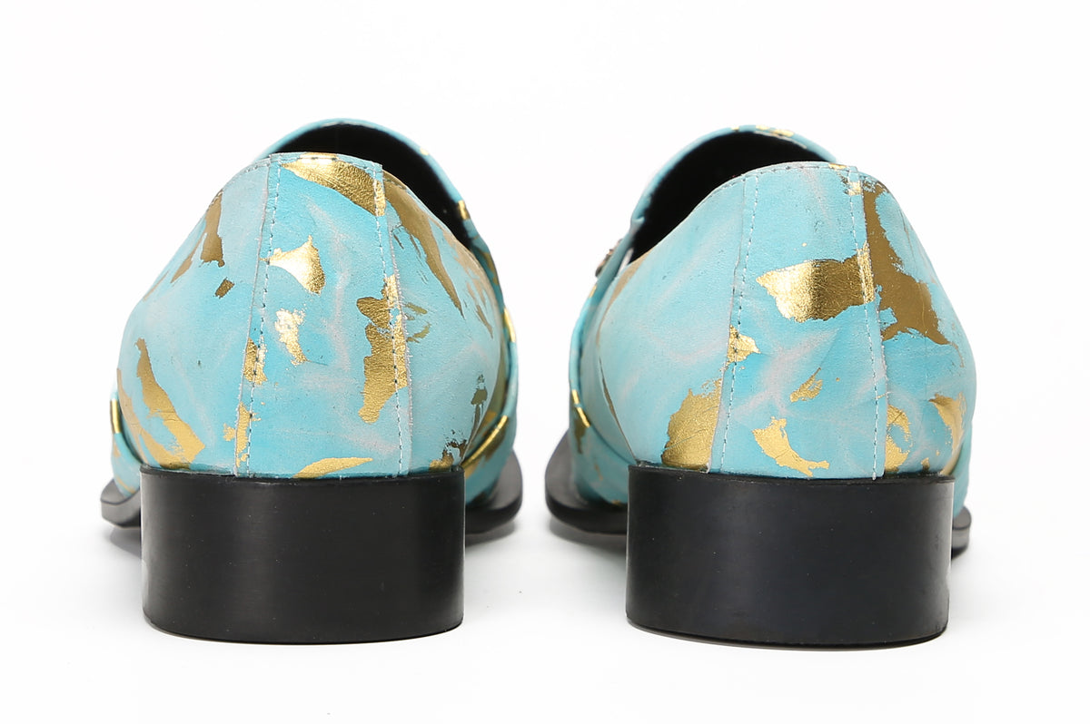 Mens Genuine Leather Metal-Tip Toe Gold Gemstone Western Loafers