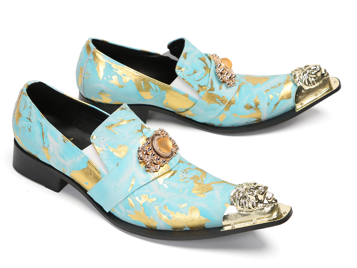 Mens Genuine Leather Metal-Tip Toe Gold Gemstone Western Loafers