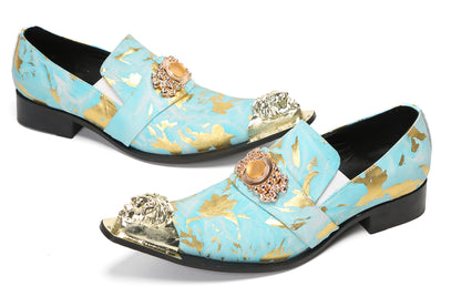 Mens Genuine Leather Metal-Tip Toe Gold Gemstone Western Loafers