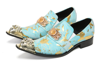 Mens Genuine Leather Metal-Tip Toe Gold Gemstone Western Loafers