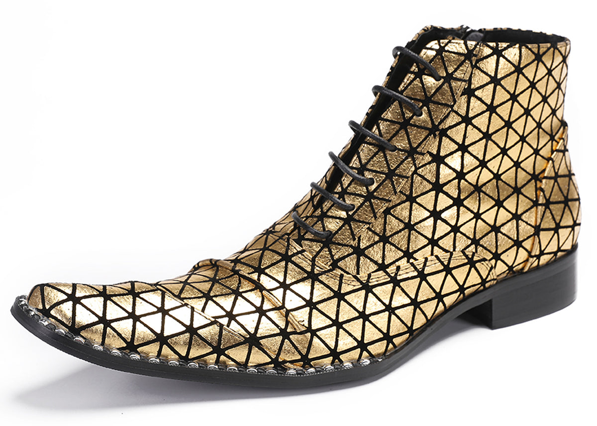 Mens Genuine Leather Colorful Plaid Gold Cowboy Western Boots