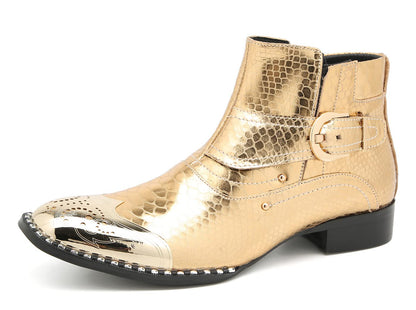 Mens Genuine Leather Metal-Square Toe Snakeskin Texture Ankle Western Boots
