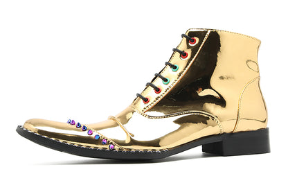 Mens Glossy Patent Leather Studded Zipper Ankle Western Oxfords Boots