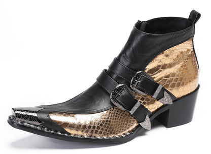Mens Genuine Leather Double Buckle Rock Singer Ankle Western Boots