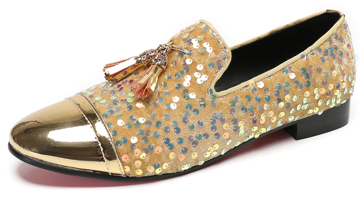 Mens Glitter Sequins Tassels Prom Party Western Loafers