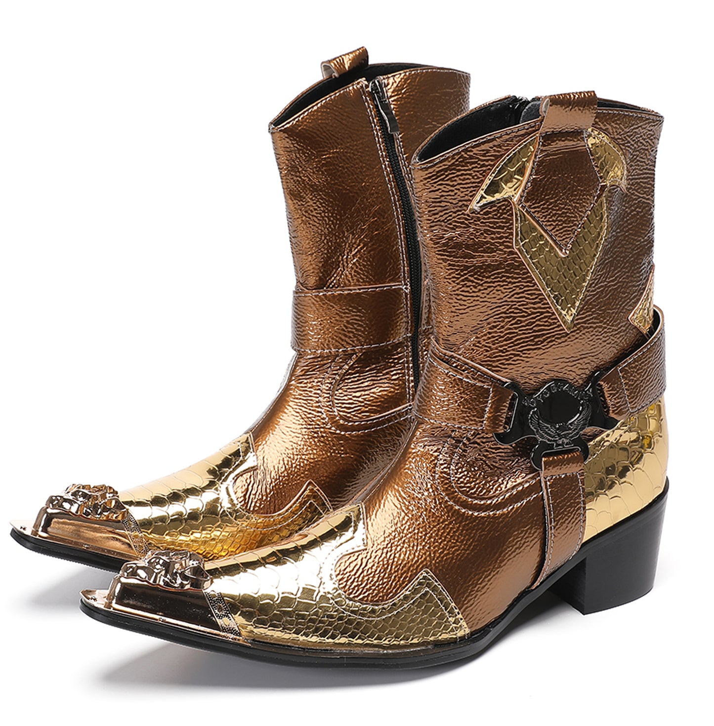 Mens Gold Metallic Leather O-Ring Chain Cowboy Western Boots