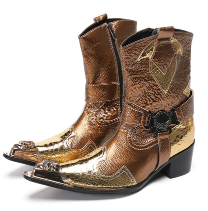 Mens Gold Metallic Leather O-Ring Chain Cowboy Western Boots