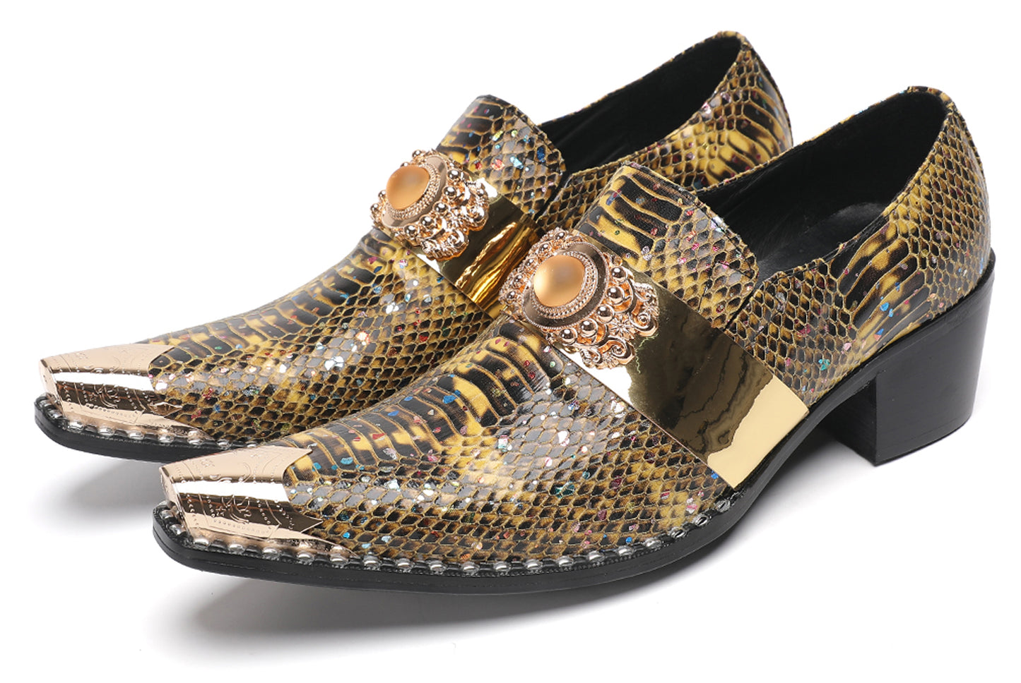 Mens Snakeskin Leather Metal Pointed Toe Chunky Heel Western Loafers