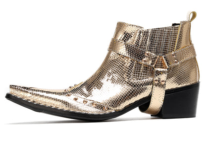 Mens Genuine Leather Pull Up Belt Buckle Metal Tip Ankle Western Boots