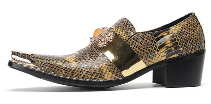 Mens Snakeskin Leather Metal Pointed Toe Chunky Heel Western Loafers