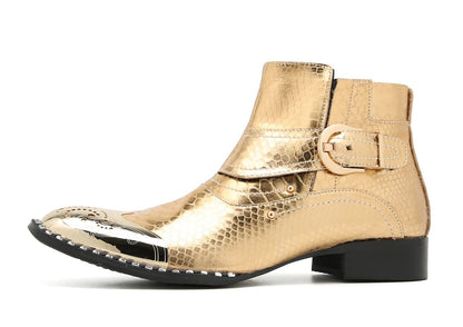 Mens Genuine Leather Metal-Square Toe Snakeskin Texture Ankle Western Boots