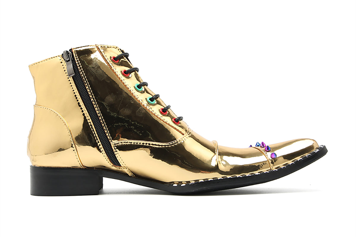 Mens Glossy Patent Leather Studded Zipper Ankle Western Oxfords Boots