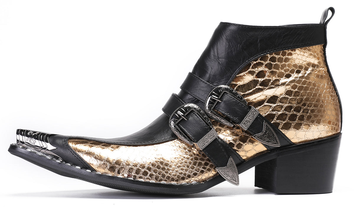 Mens Genuine Leather Double Buckle Rock Singer Ankle Western Boots