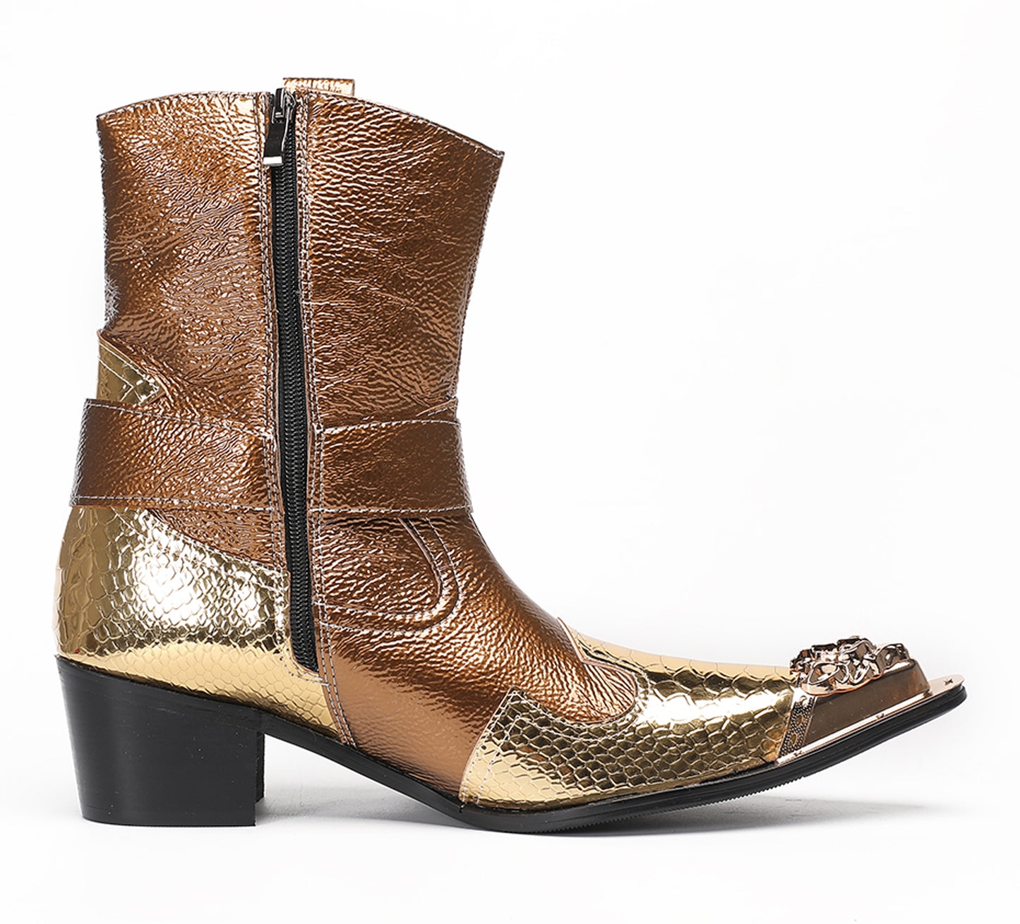 Mens Gold Metallic Leather O-Ring Chain Cowboy Western Boots