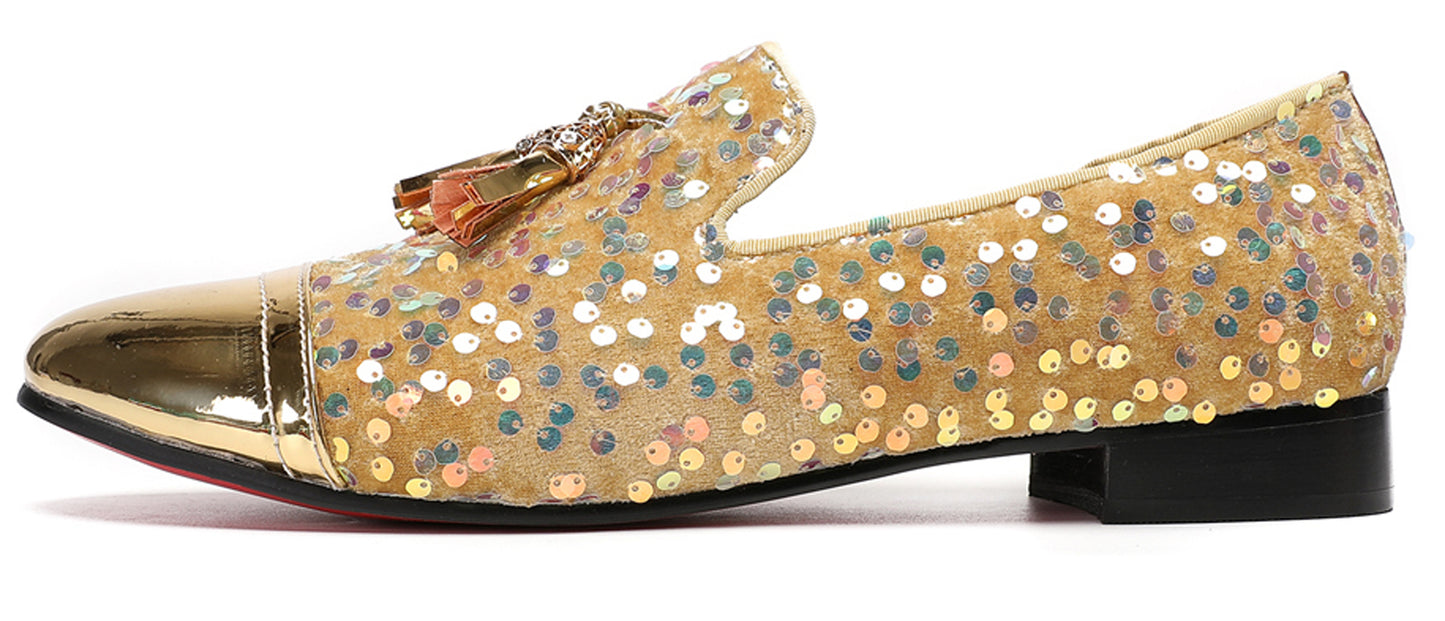 Mens Glitter Sequins Tassels Prom Party Western Loafers