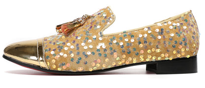 Mens Glitter Sequins Tassels Prom Party Western Loafers