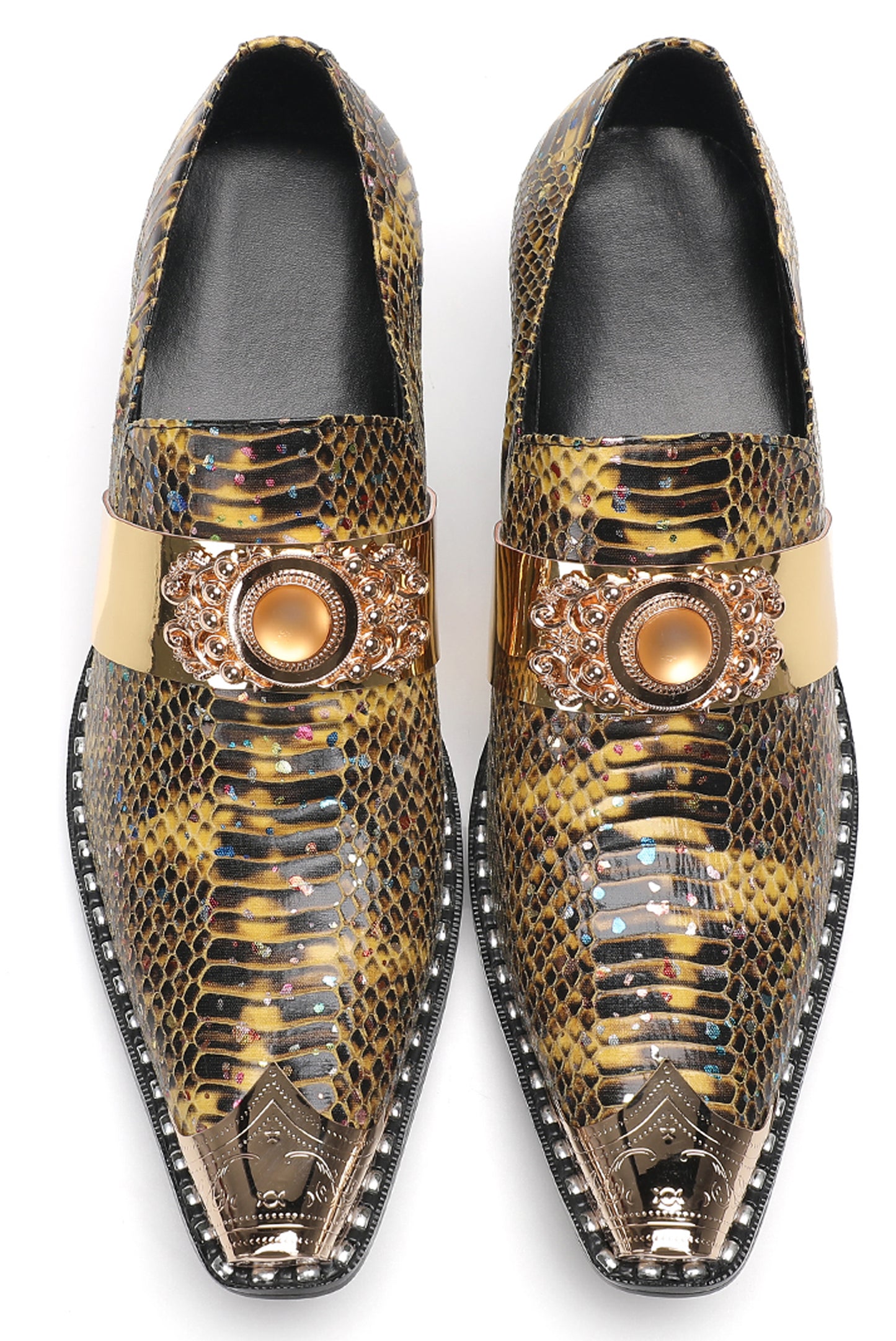 Mens Snakeskin Leather Metal Pointed Toe Chunky Heel Western Loafers