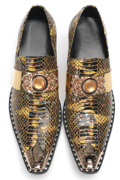 Mens Snakeskin Leather Metal Pointed Toe Chunky Heel Western Loafers