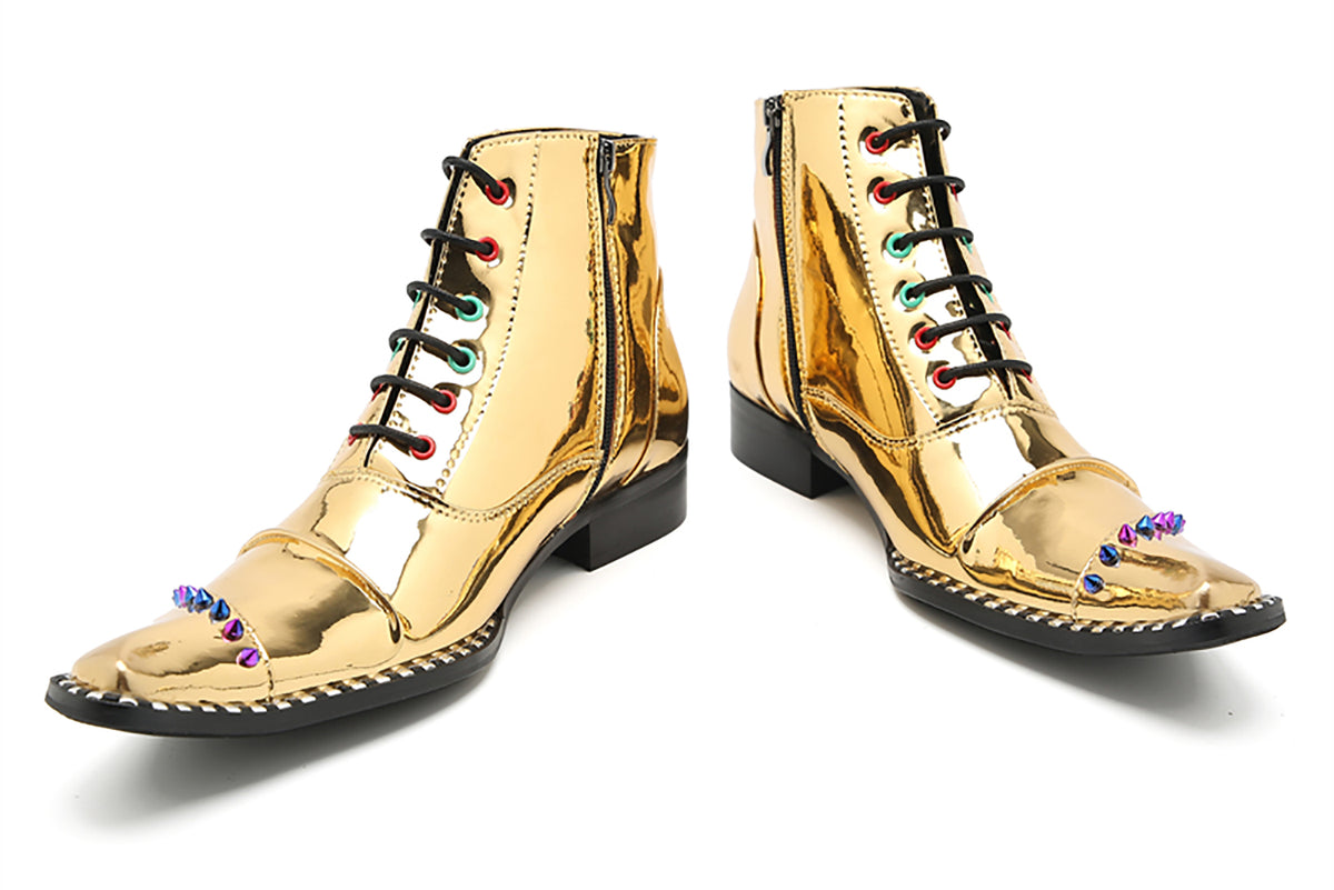 Mens Glossy Patent Leather Studded Zipper Ankle Western Oxfords Boots