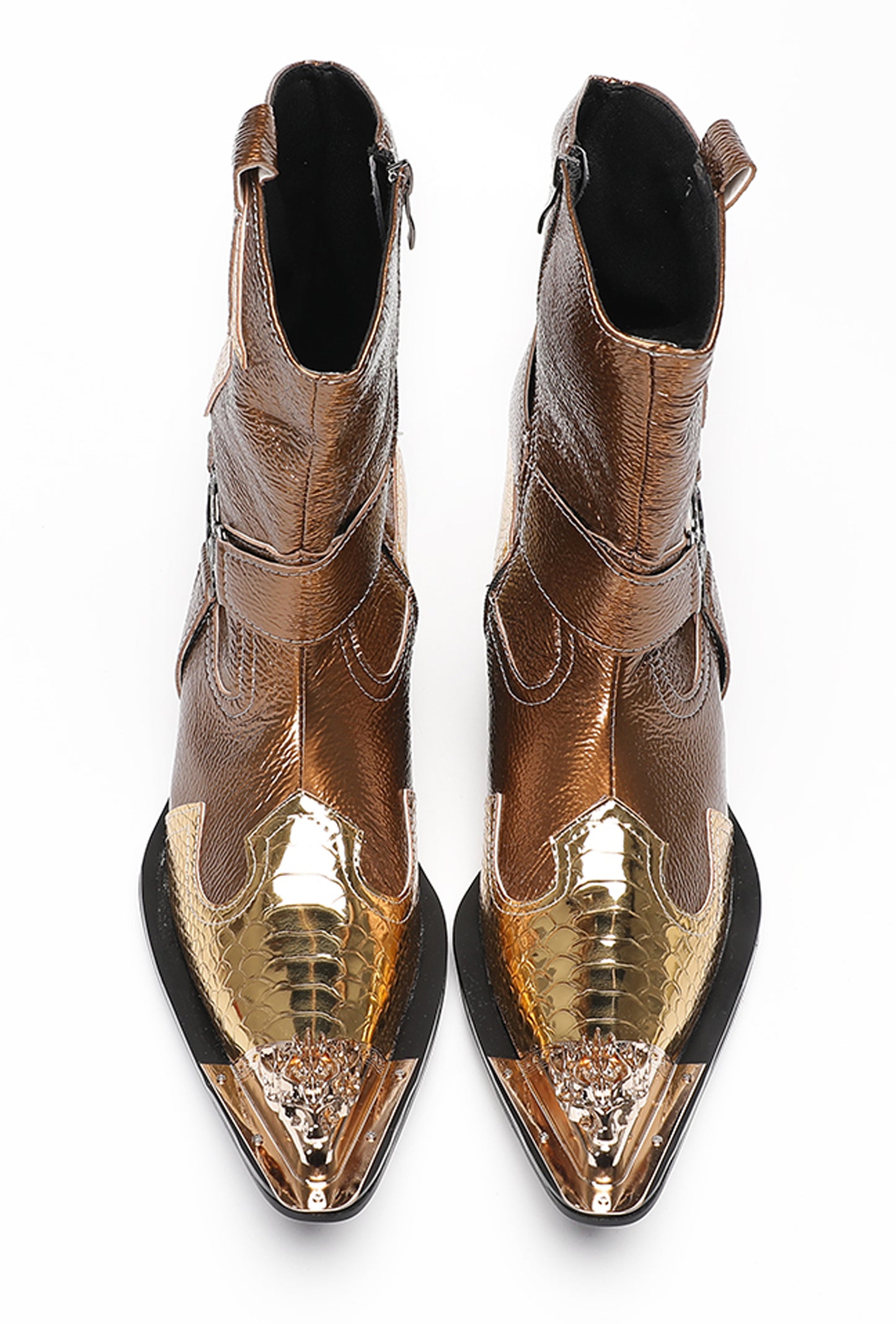 Mens Gold Metallic Leather O-Ring Chain Cowboy Western Boots