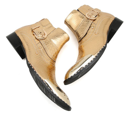 Mens Genuine Leather Metal-Square Toe Snakeskin Texture Ankle Western Boots