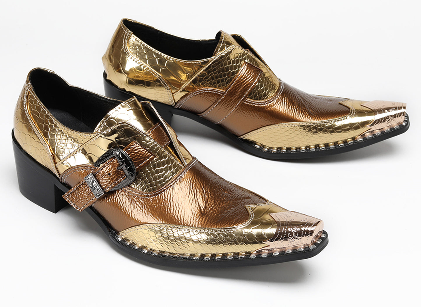 Mens Metal Toe Mocasines with Gold Buckle Western Loafers