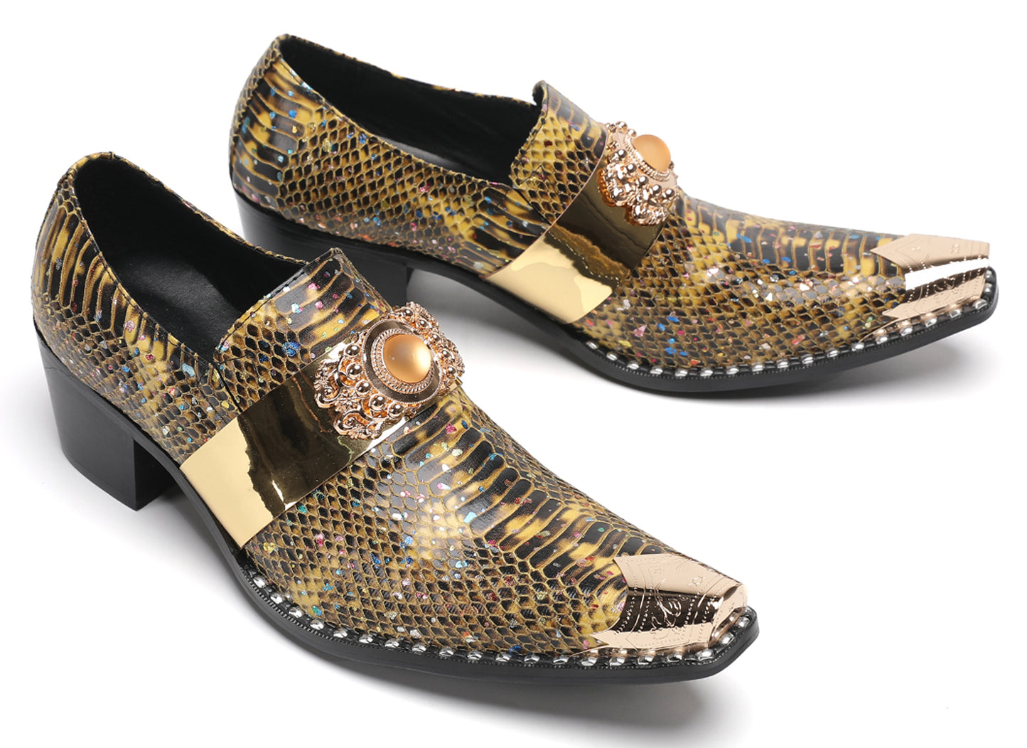Mens Snakeskin Leather Metal Pointed Toe Chunky Heel Western Loafers