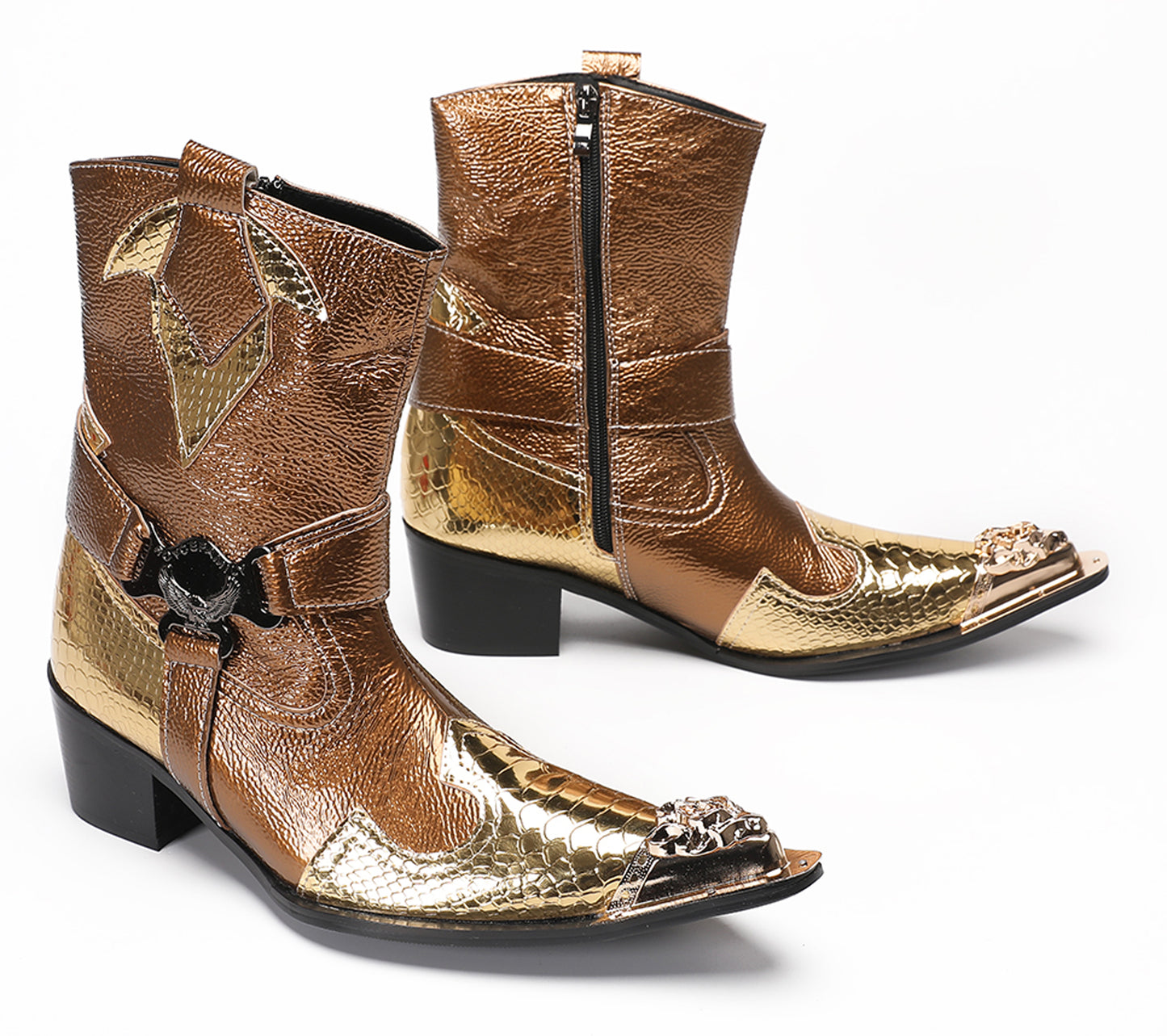 Mens Gold Metallic Leather O-Ring Chain Cowboy Western Boots