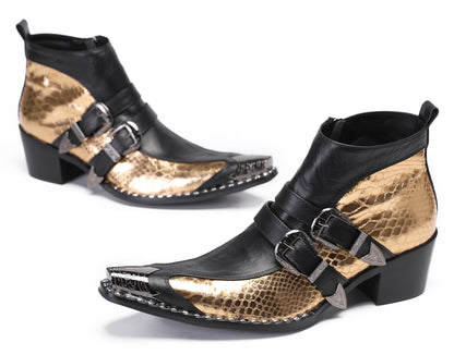 Mens Genuine Leather Double Buckle Rock Singer Ankle Western Boots