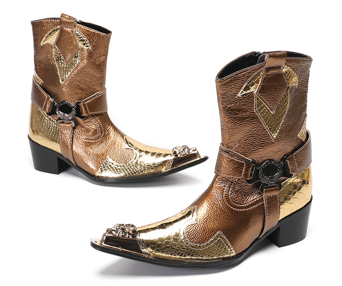 Mens Gold Metallic Leather O-Ring Chain Cowboy Western Boots