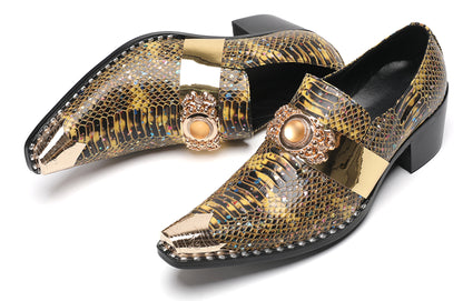 Mens Snakeskin Leather Metal Pointed Toe Chunky Heel Western Loafers