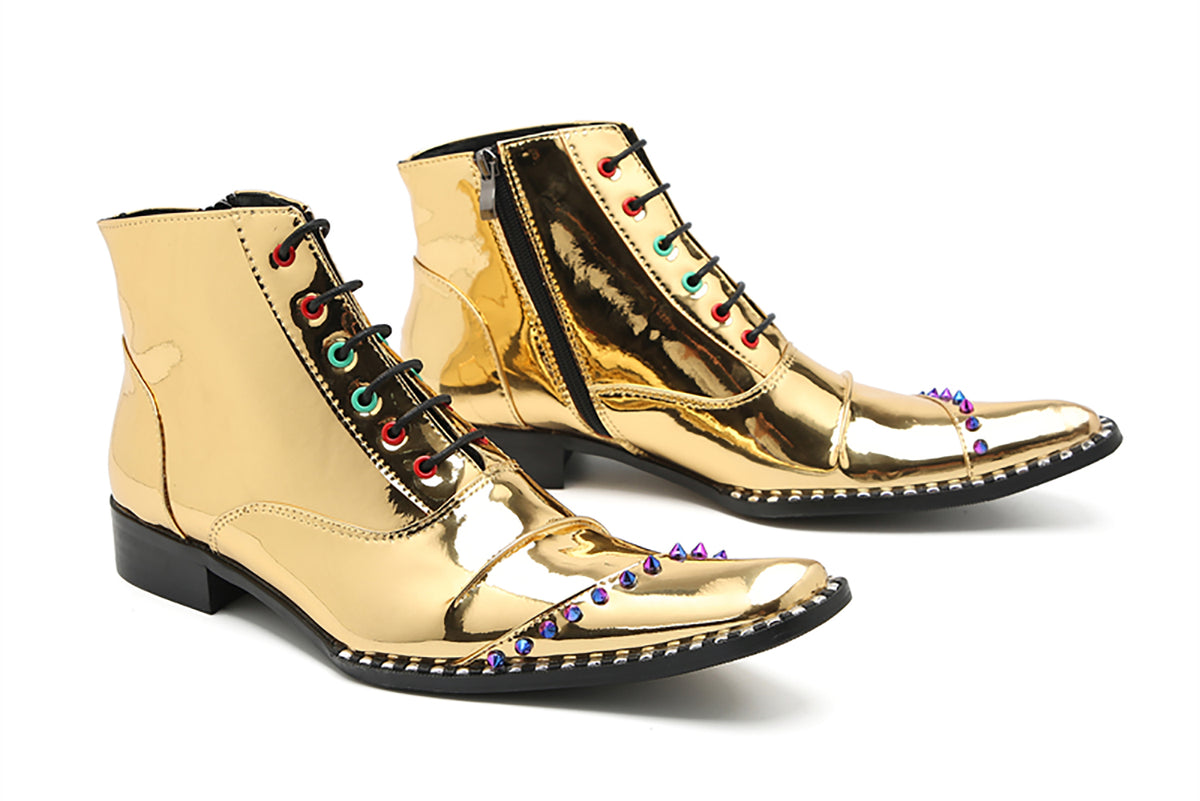Mens Glossy Patent Leather Studded Zipper Ankle Western Oxfords Boots