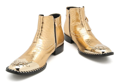 Mens Genuine Leather Metal-Square Toe Snakeskin Texture Ankle Western Boots